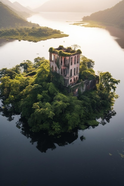 Un edificio abandonado en medio de un lago.