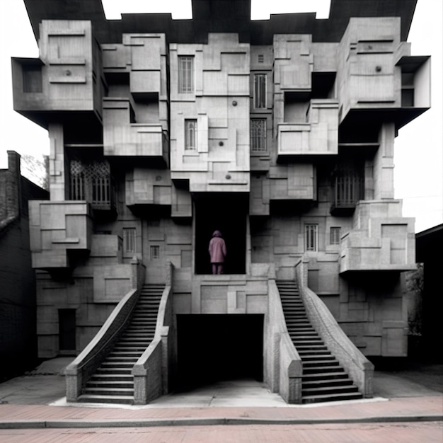 Edificio abstracto con una persona parada frente a él