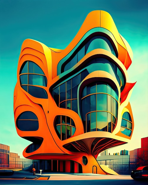 Edifício abstrato psicodélico forma uma arquitetura surreal única que desafia a realidade