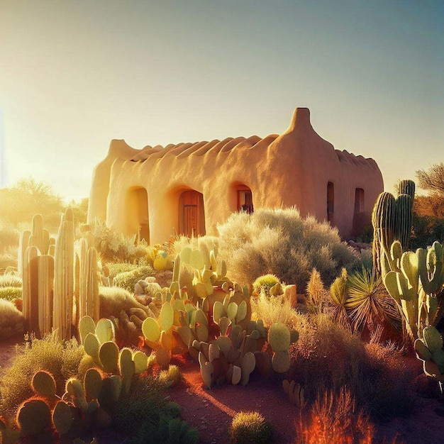 edificio de adobe pacífico en el desierto rodeado de cactus amanecer de verano