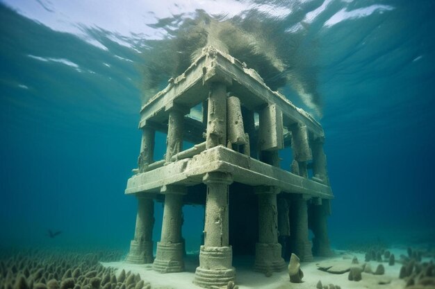 Foto un edificio en el agua con una ola de fondo