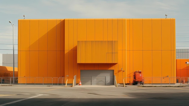 un edificio de almacenamiento industrial en naranja y gris al estilo del amarillo