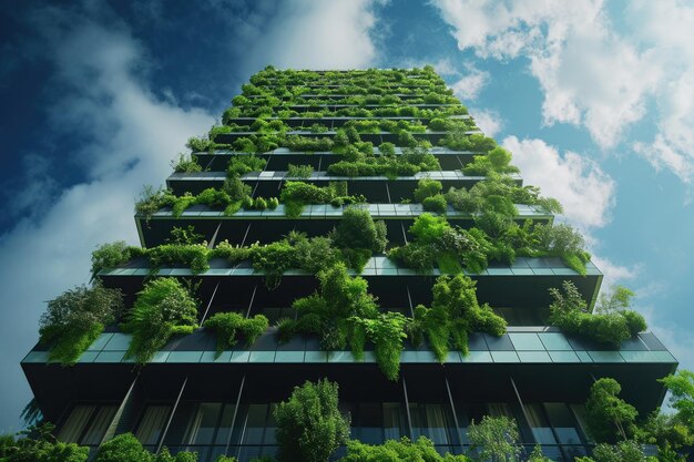 Un edificio altísimo cubierto de abundante vegetación Diseñar un edificio verde utilizando tecnología de realidad virtual basada en la nube