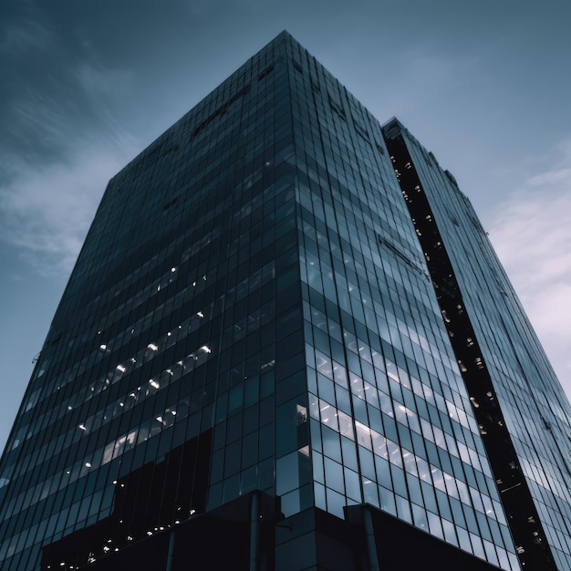 Un edificio alto con un cielo azul detrás