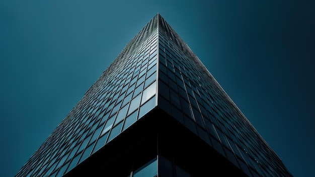 Un edificio alto con un cielo azul detrás