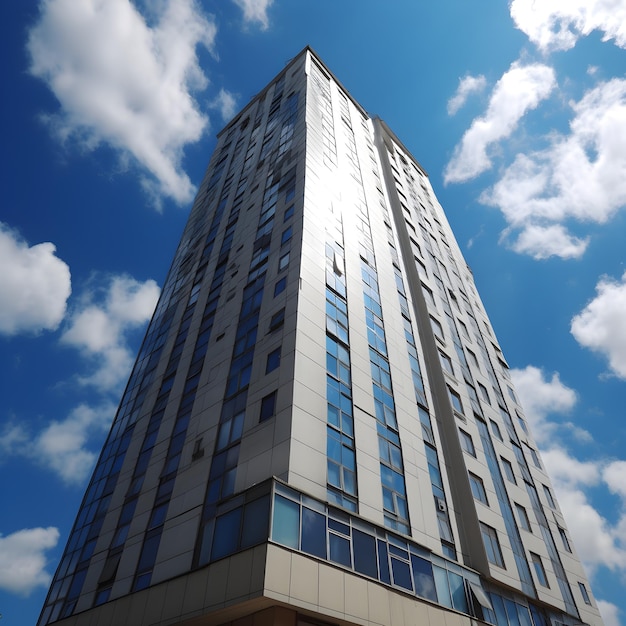 Un edificio alto con un cielo azul y nubes al fondo.