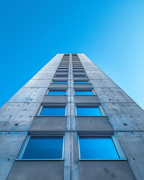 un edificio alto con un cielo azul y una ventana que dice son