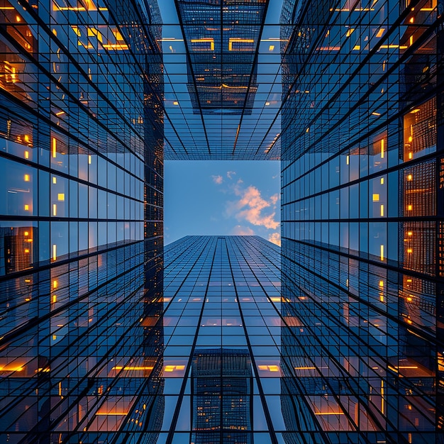 un edificio alto con un cielo en el fondo y las nubes en las ventanas