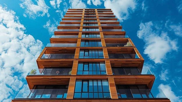 un edificio alto con un cielo y nubes en el fondo