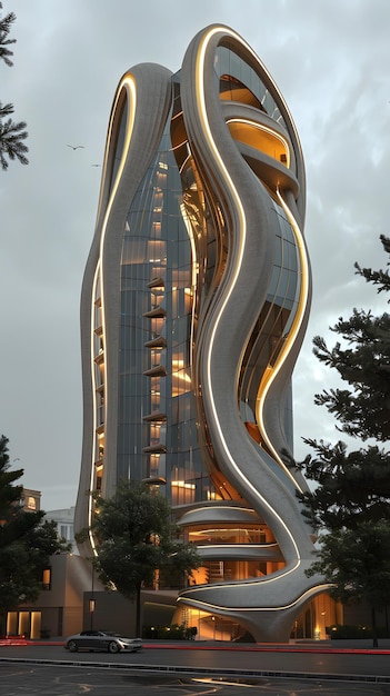 Edifício alto com fachada de design urbano giratória iluminada à noite