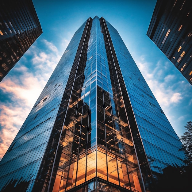 Un edificio alto de cristal con la puesta de sol detrás de él