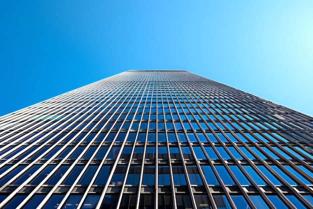 Edificio alto con numerosas ventanas contra un telón de fondo de cielo azul Horizonte urbano bajo cielos despejados