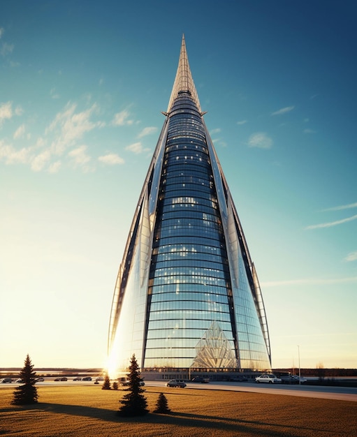 Un edificio alto con una parte superior puntiaguda que dice "la torre".