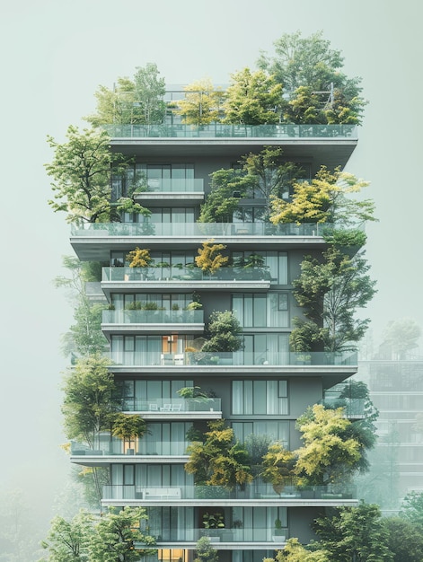 Foto un edificio alto con un techo verde y muchos árboles creciendo en él