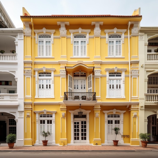 edificio amarillo con ventanas blancas y balcones en una esquina generativa ai