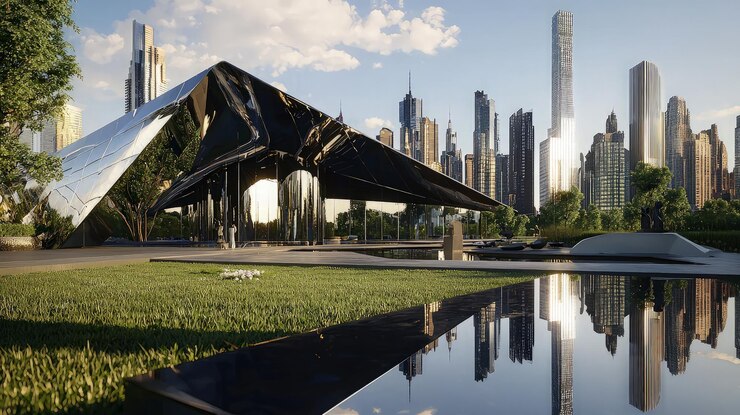 Un edificio angular moderno con una fachada reflectante se encuentra frente a un paisaje urbano con una zona cubierta de hierba y una piscina reflectante en primer plano