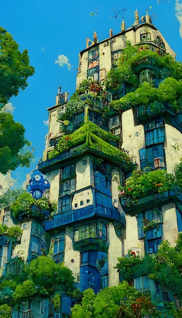 Foto un edificio de anime con un gato azul en el techo.