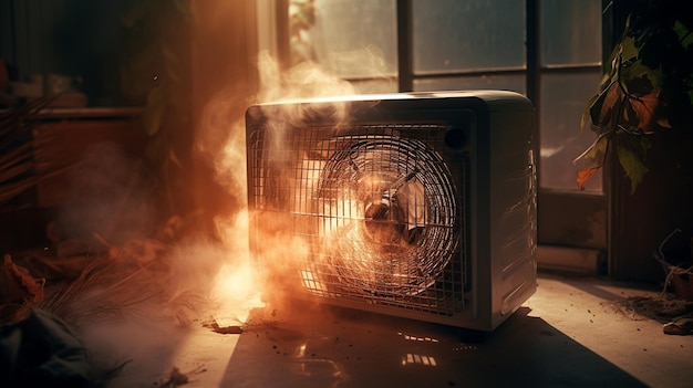 edifício antigo abandonado com ar condicionado e ventilação em chamas