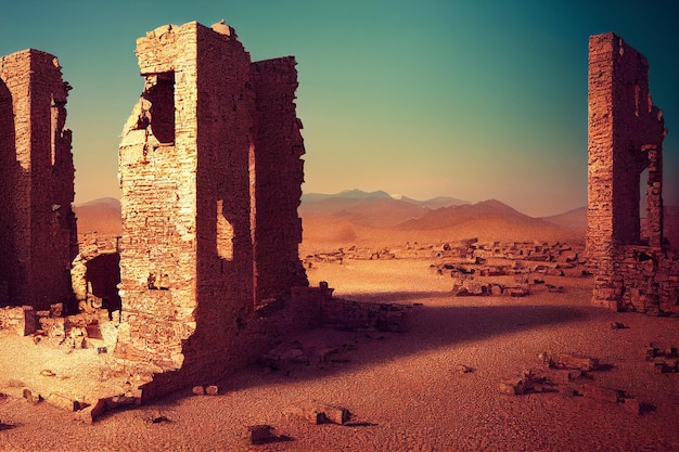 Edifício antigo arruinado na ilustração 3d do deserto