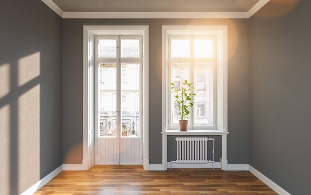 Edificio antiguo y luminoso con paredes grises y una puerta de balcón junto a la ventana con luz solar brillante