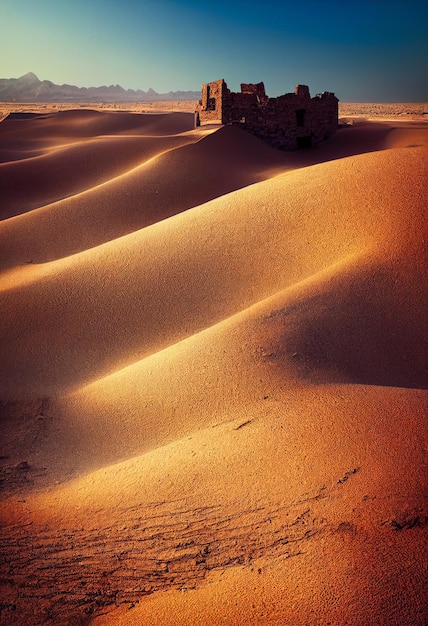 Edificio antiguo en ruinas en la ilustración 3d del desierto