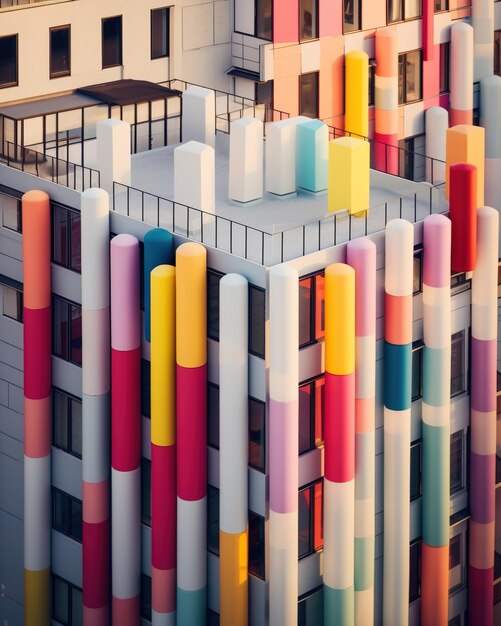 Edificio de apartamentos colorido con acentos rosados, azules y amarillos