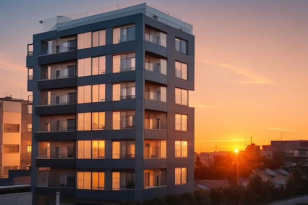 Edificio de apartamentos de lujo con fachada de vidrio refleja la puesta de sol