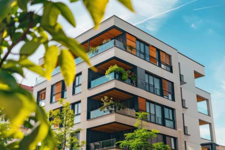 Edificio de apartamentos moderno con balcones de vidrio y reflejos de la puesta de sol que crean una cálida atmósfera urbana