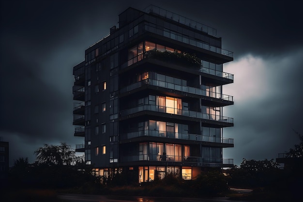 Un edificio de apartamentos oscuro con balcón y luces en el balcón.