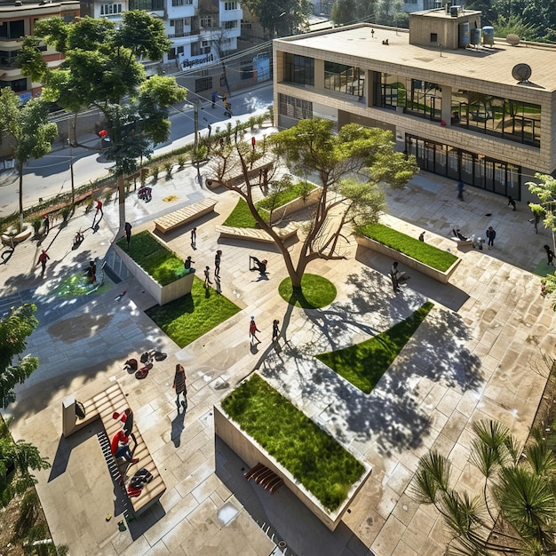 un edificio con un árbol en el medio