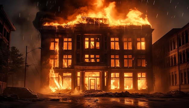 Un edificio arde en la noche con la palabra hotel en el frente.