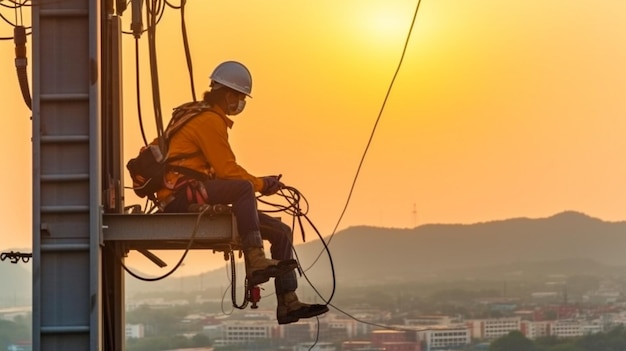 Edificio de arquitectura de IA generativa y un ingeniero eléctrico que trabaja en alturas