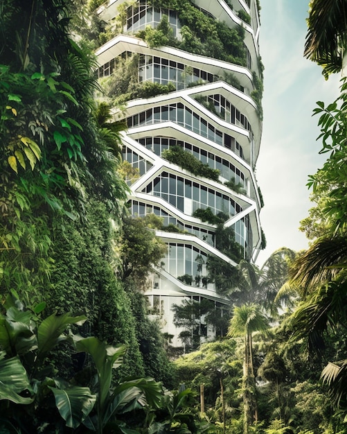 edifício arrafado com uma escada em espiral no meio de uma floresta generativa ai