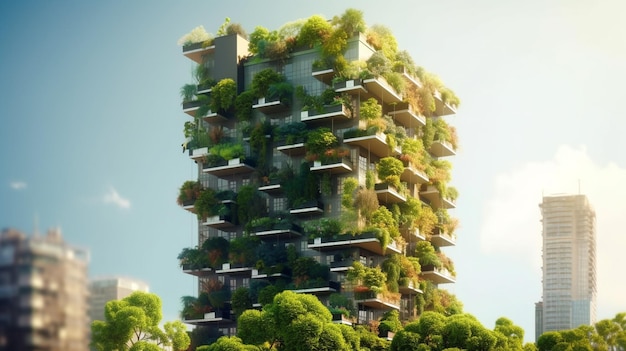 Edifício arranha-céu verde com plantas crescendo na fachada Ecologia e vida verde no conceito de ambiente urbano da cidade Generative AI