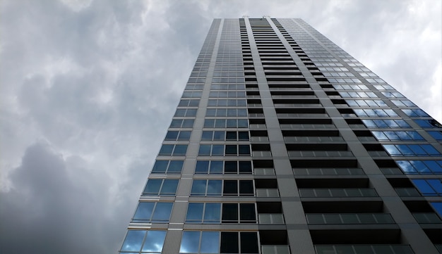 Edificio de arriba y cielo tormentoso