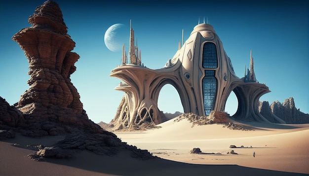 Un edificio de aspecto futurista en el desierto.