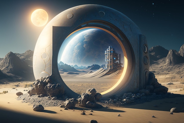 Un edificio de aspecto futurista en un planeta con una luna al fondo.