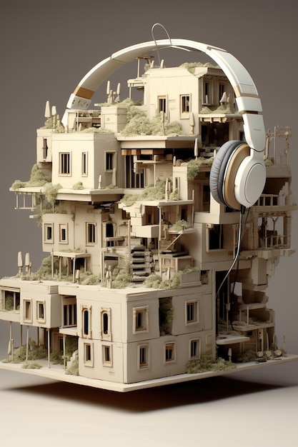 Un edificio con auriculares en la parte superior de la imagen generativa de ai