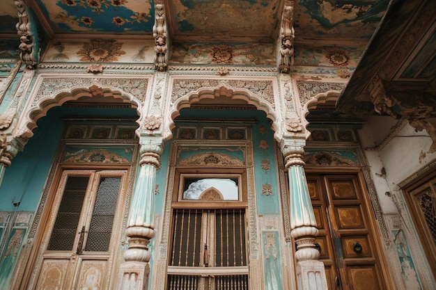 un edificio azul y blanco con una puerta de madera