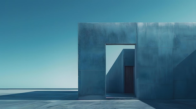 un edificio azul con una puerta abierta al cielo