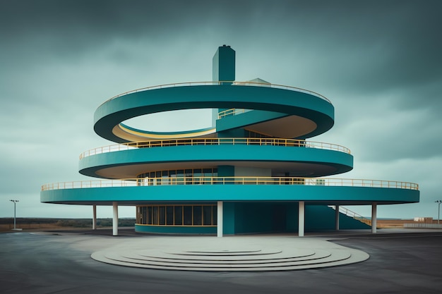 Un edificio azul con techo curvo y un gran edificio circular con una escalera curva.