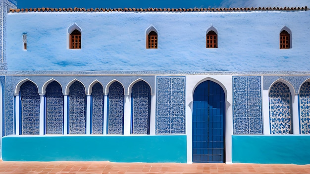 Un edificio azul con una ventana estilo hogareño del desierto