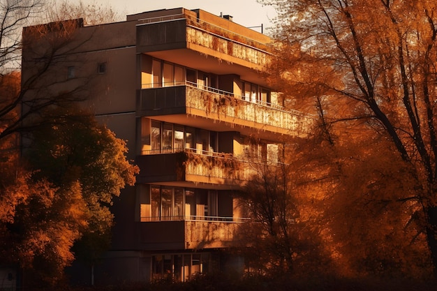 Un edificio con balcón y árboles en otoño.