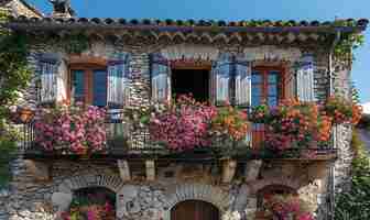 Foto un edificio con un balcón que tiene flores en él