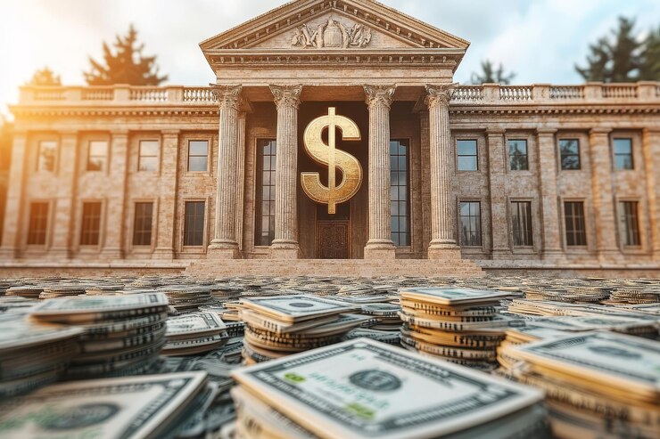 Edificio bancario con símbolo de dólar dorado y pilas de dinero