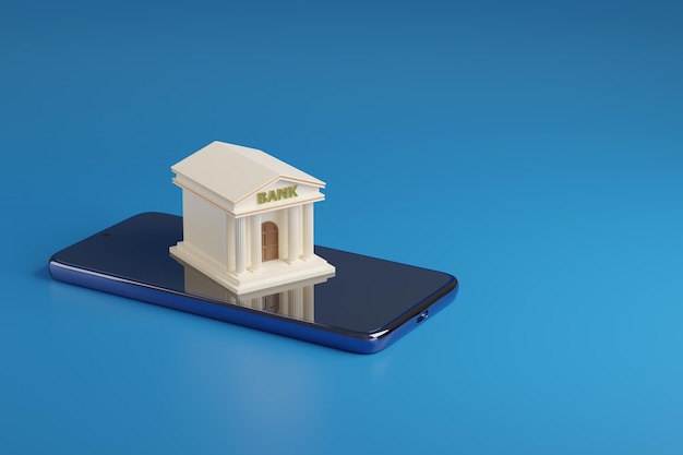 Edificio bancario en un teléfono móvil con espacio de copia ilustración 3d