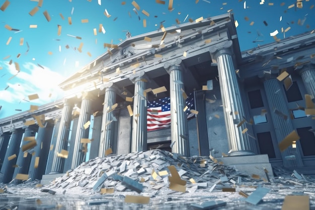 El edificio del banco estadounidense se está derrumbando bancarrota del banco crisis bancaria caída de las existencias el colapso