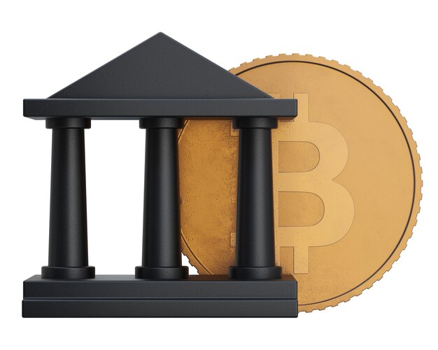 Edificio de banco negro con columnas y una moneda de oro con símbolo de bitcoin