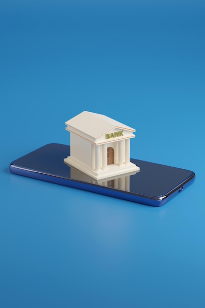 Edificio del banco en un teléfono móvil aislado sobre fondo azul ilustración 3d