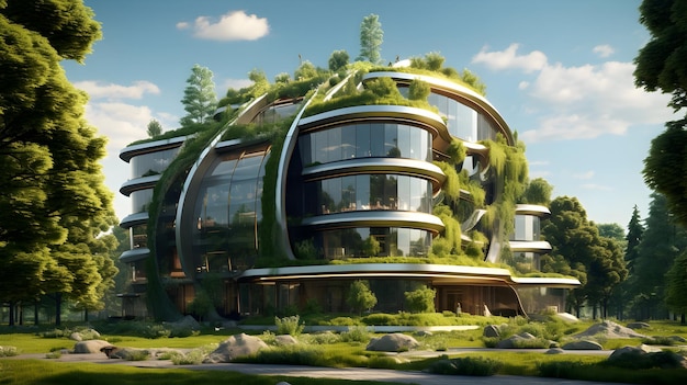 Un edificio de banco verde sostenible en armonía con la naturaleza